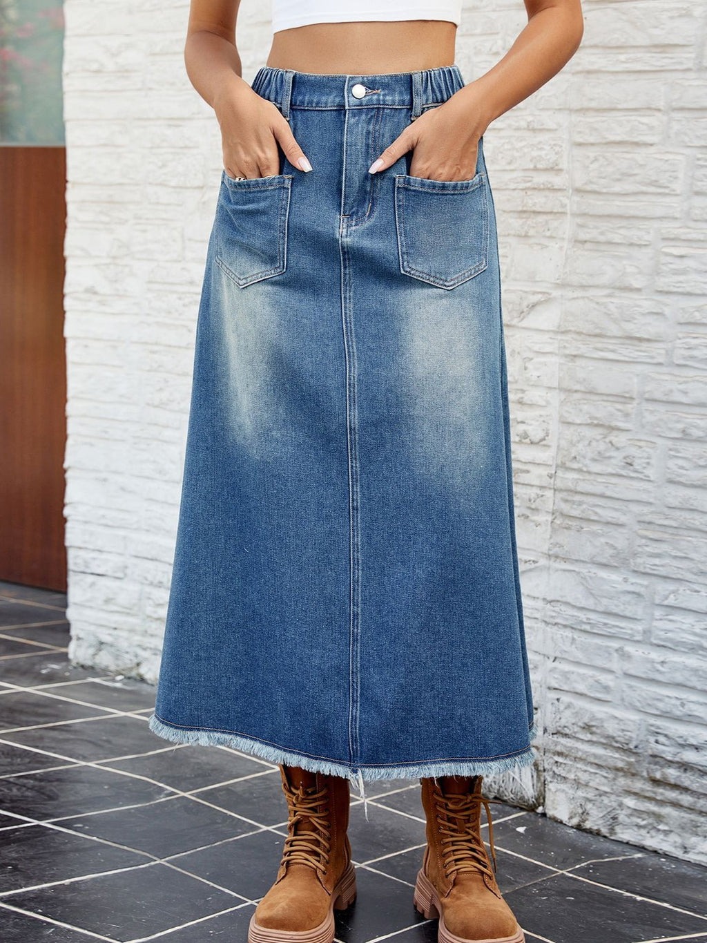 Raw Hem Washed Denim Maxi Skirt - Blue