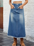 Raw Hem Washed Denim Maxi Skirt - Blue