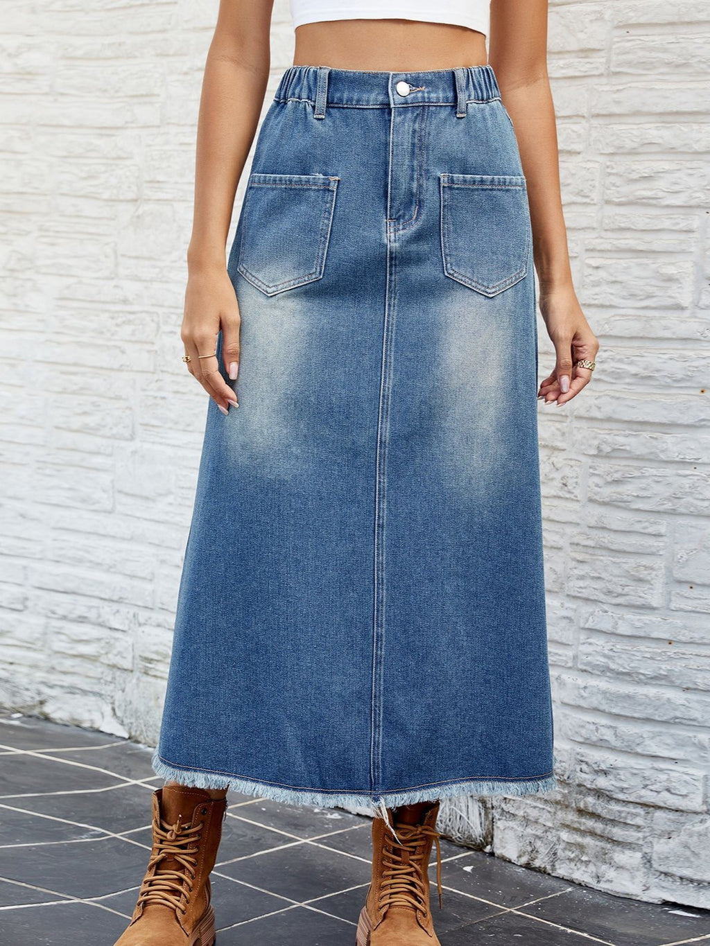 Raw Hem Washed Denim Maxi Skirt - Blue - 1