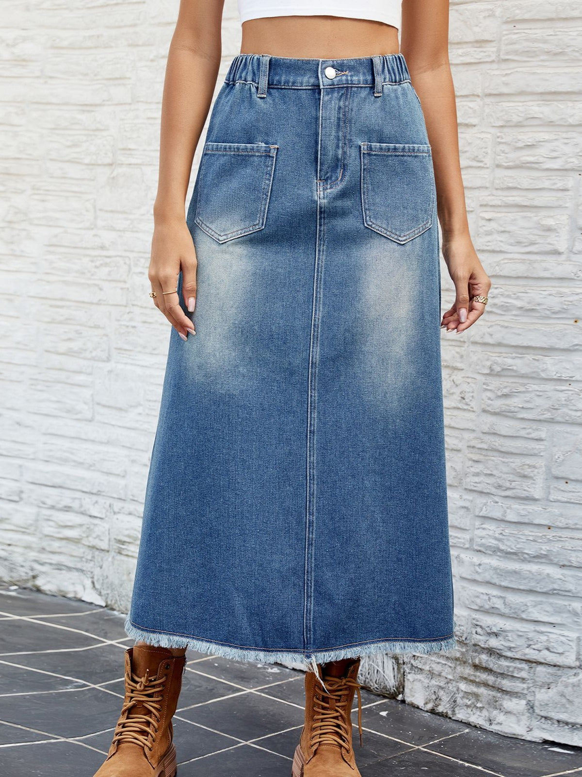 Raw Hem Washed Denim Maxi Skirt - Blue - 1