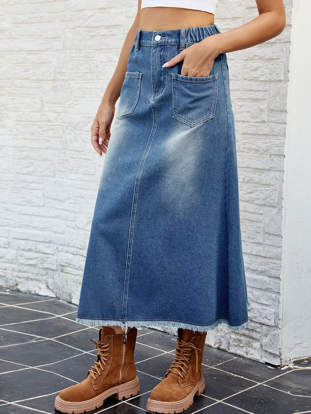 Raw Hem Washed Denim Maxi Skirt - Blue - 2