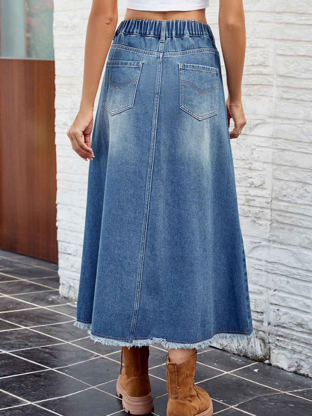 Raw Hem Washed Denim Maxi Skirt - Blue - 4