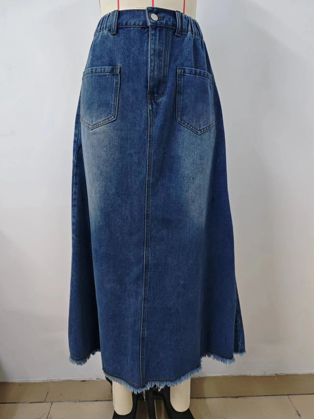 Raw Hem Washed Denim Maxi Skirt - Blue - 5