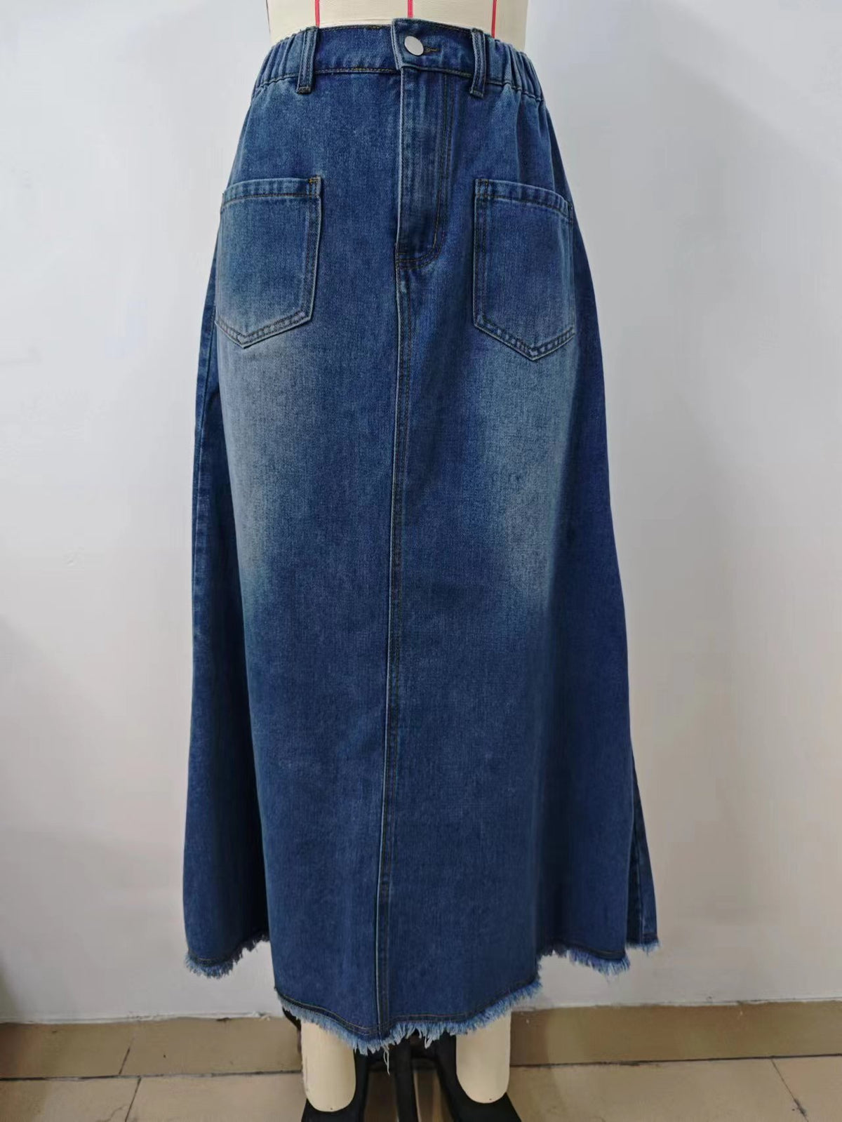 Raw Hem Washed Denim Maxi Skirt - Blue - 5