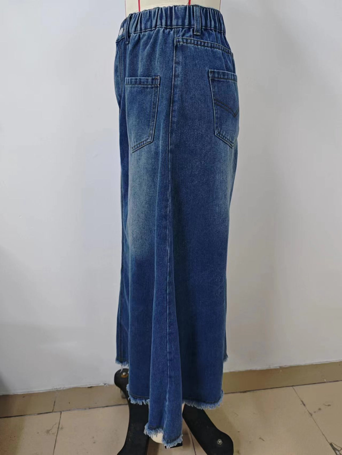 Raw Hem Washed Denim Maxi Skirt - Blue - 6