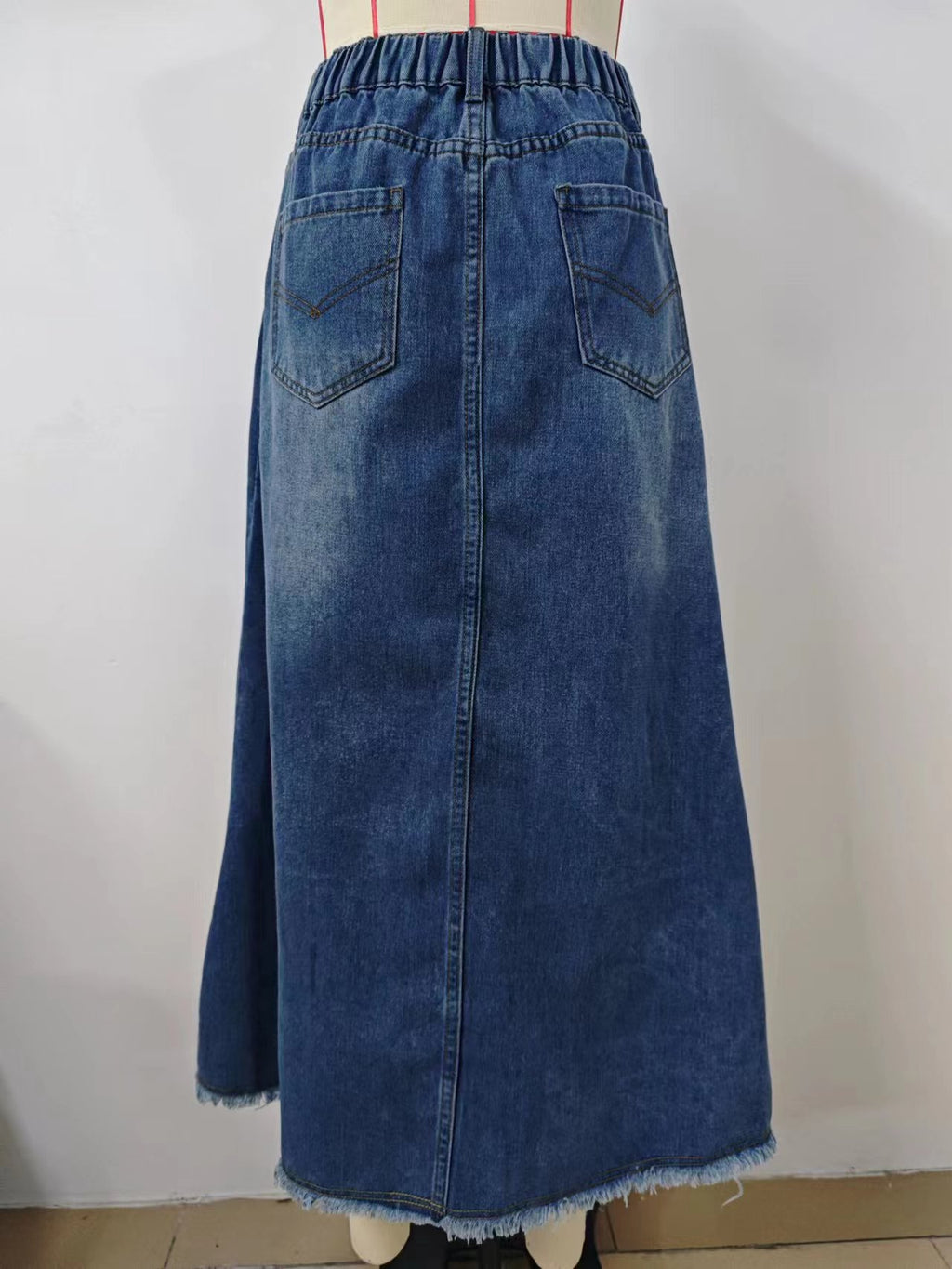 Raw Hem Washed Denim Maxi Skirt - Blue - 7