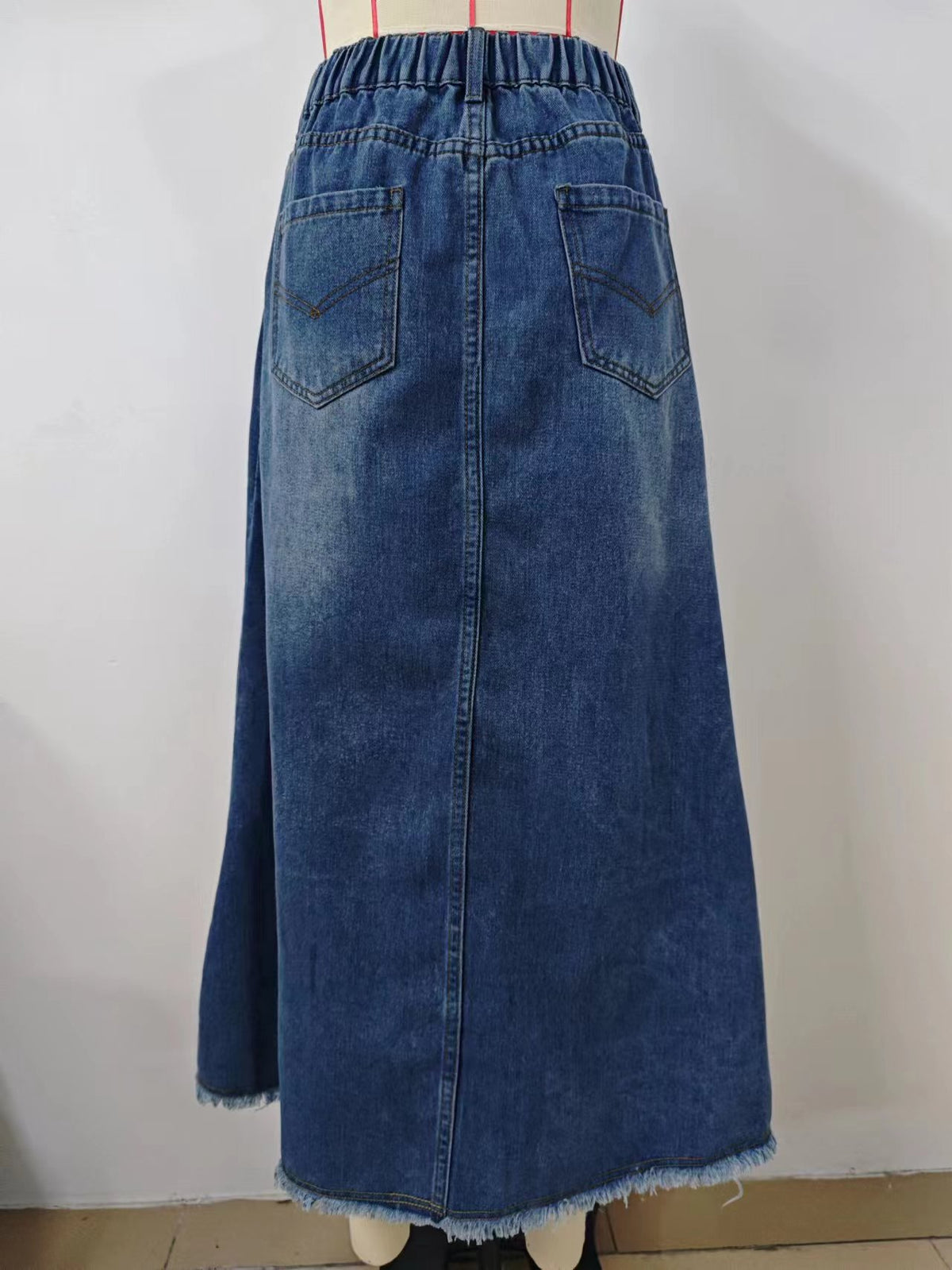 Raw Hem Washed Denim Maxi Skirt - Blue - 7