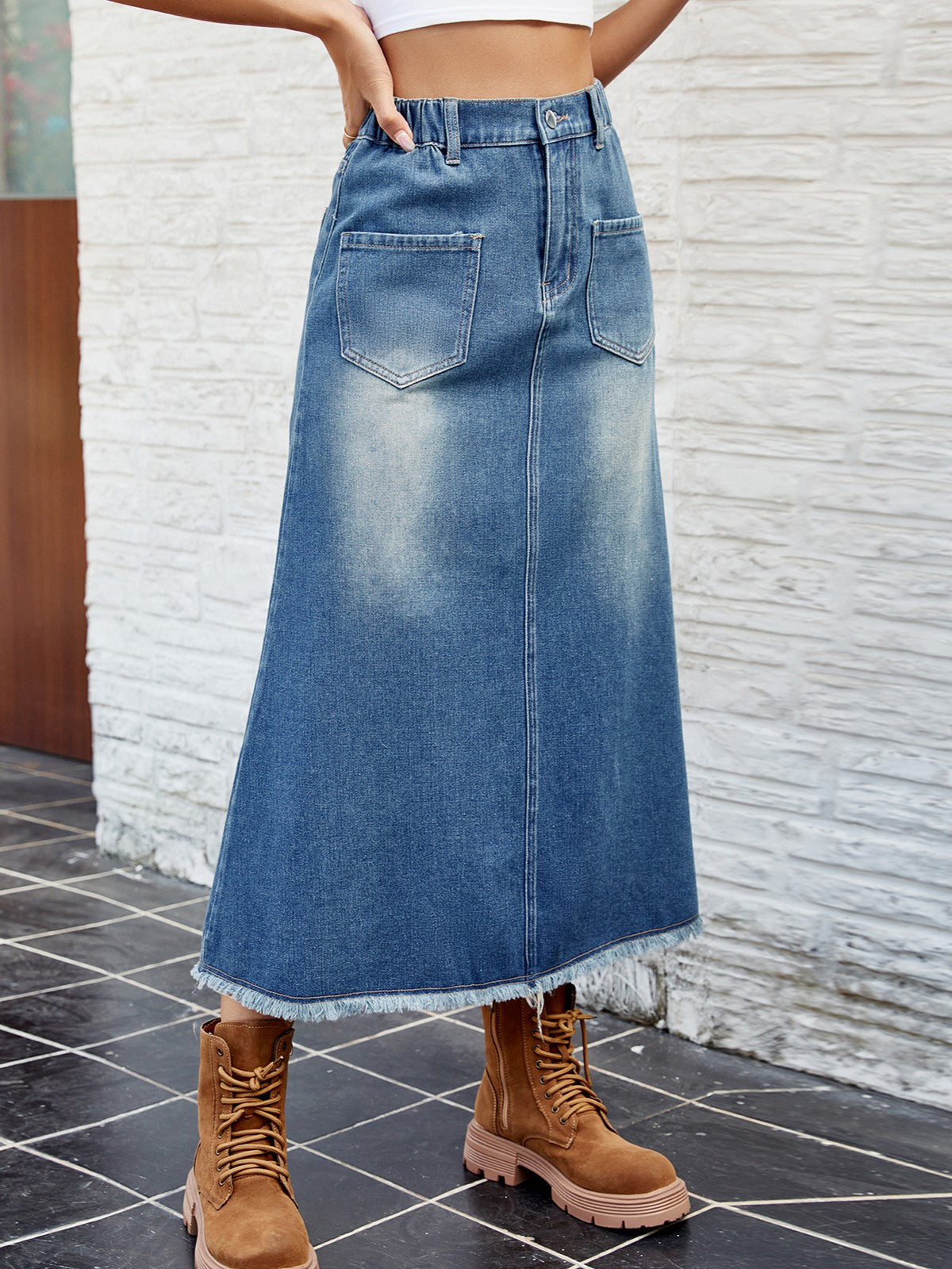 Raw Hem Washed Denim Maxi Skirt - Blue - 8