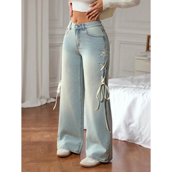 Lace Up Side Ribbon Wide Leg Jeans