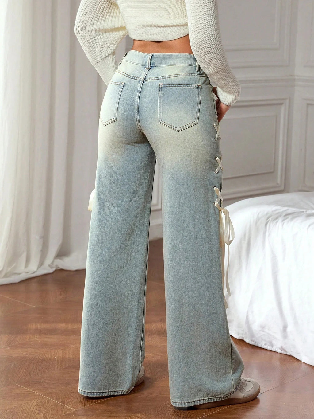 Lace Up Side Ribbon Wide Leg Jeans - view 2