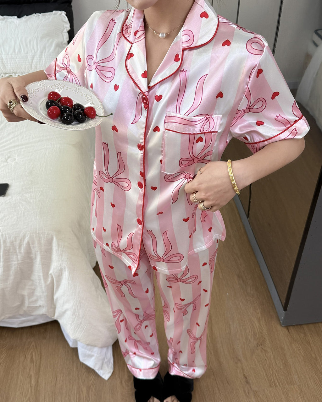 Satin Bow Print Short Sleeve Pajama Set - Bow