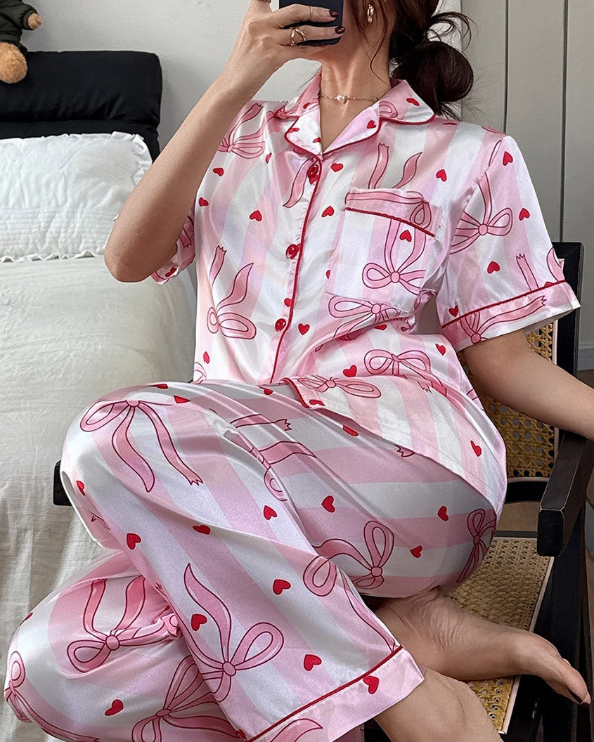 Satin Bow Print Short Sleeve Pajama Set - Bow - 1