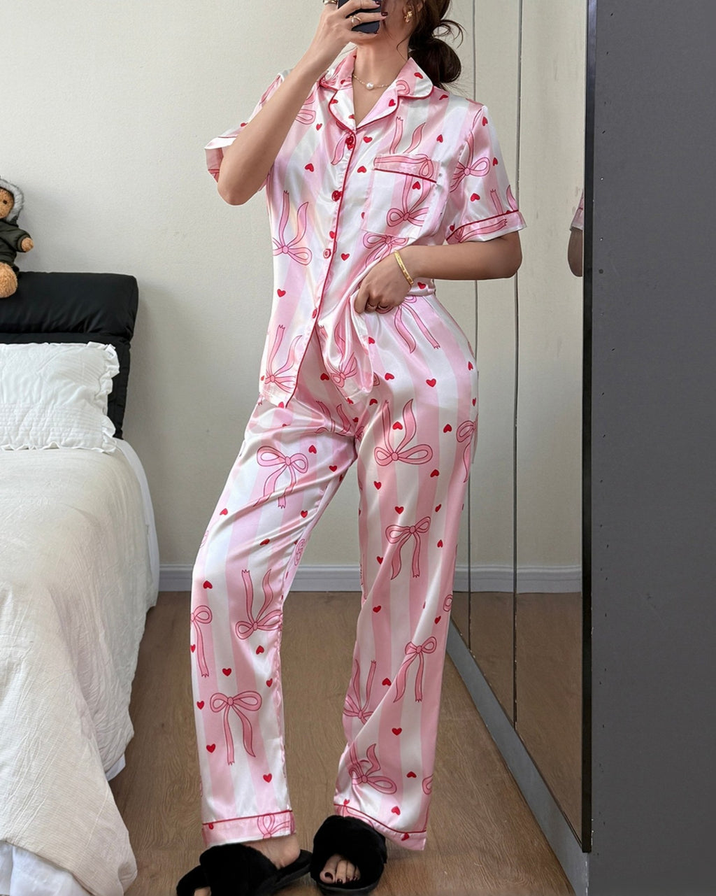 Satin Bow Print Short Sleeve Pajama Set - Bow - 2