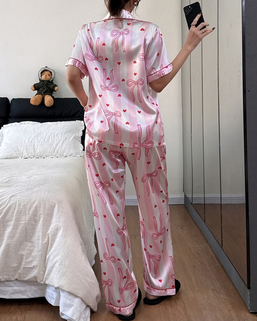 Satin Bow Print Short Sleeve Pajama Set - Bow - 3