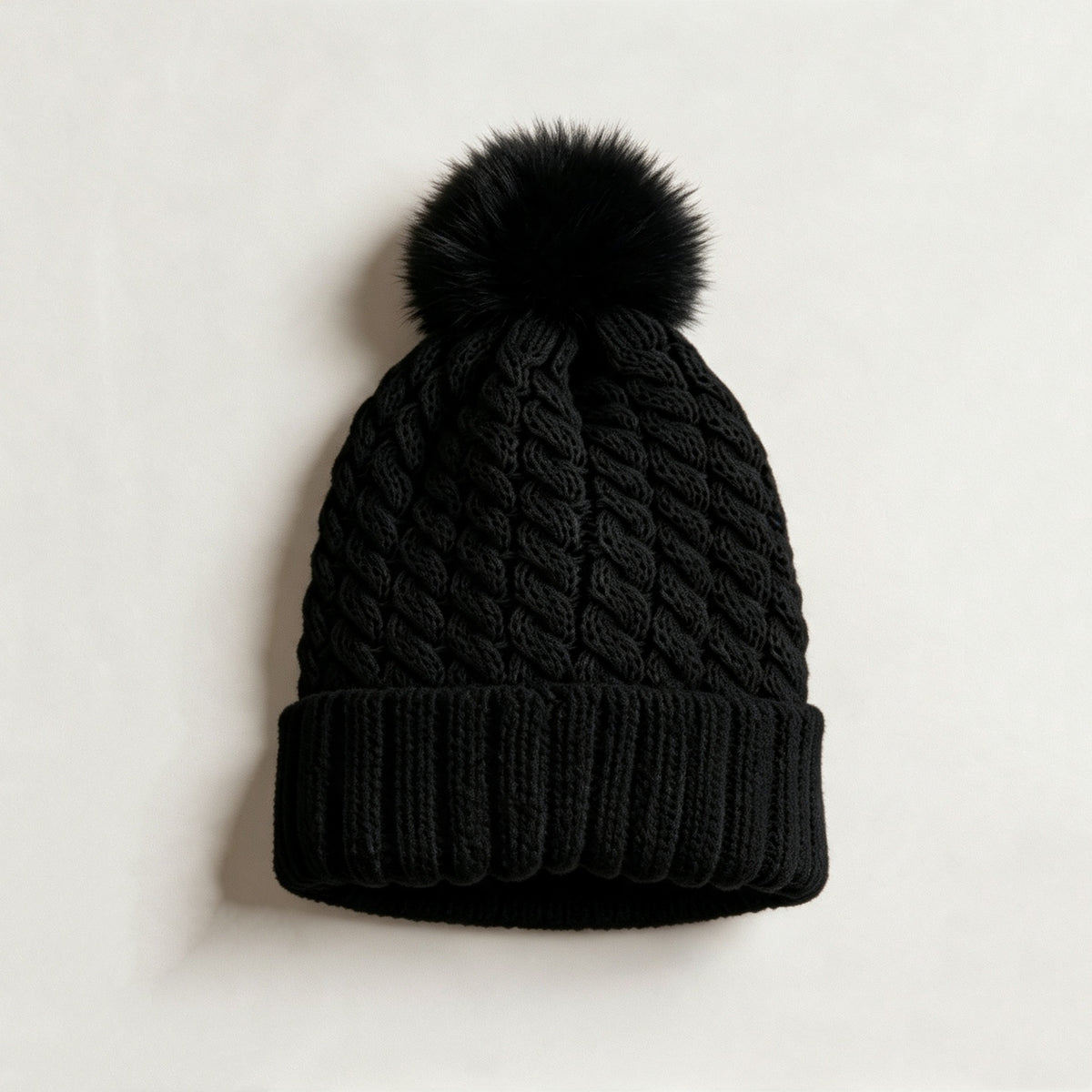 Chunky Twist Knit Pom Pom Beanie With Satin Lining - Black