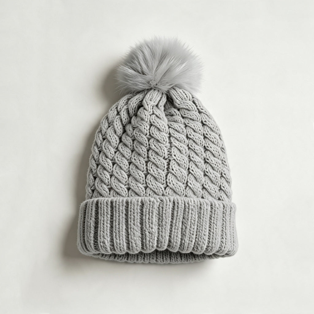 Chunky Twist Knit Pom Pom Beanie With Satin Lining - Grey