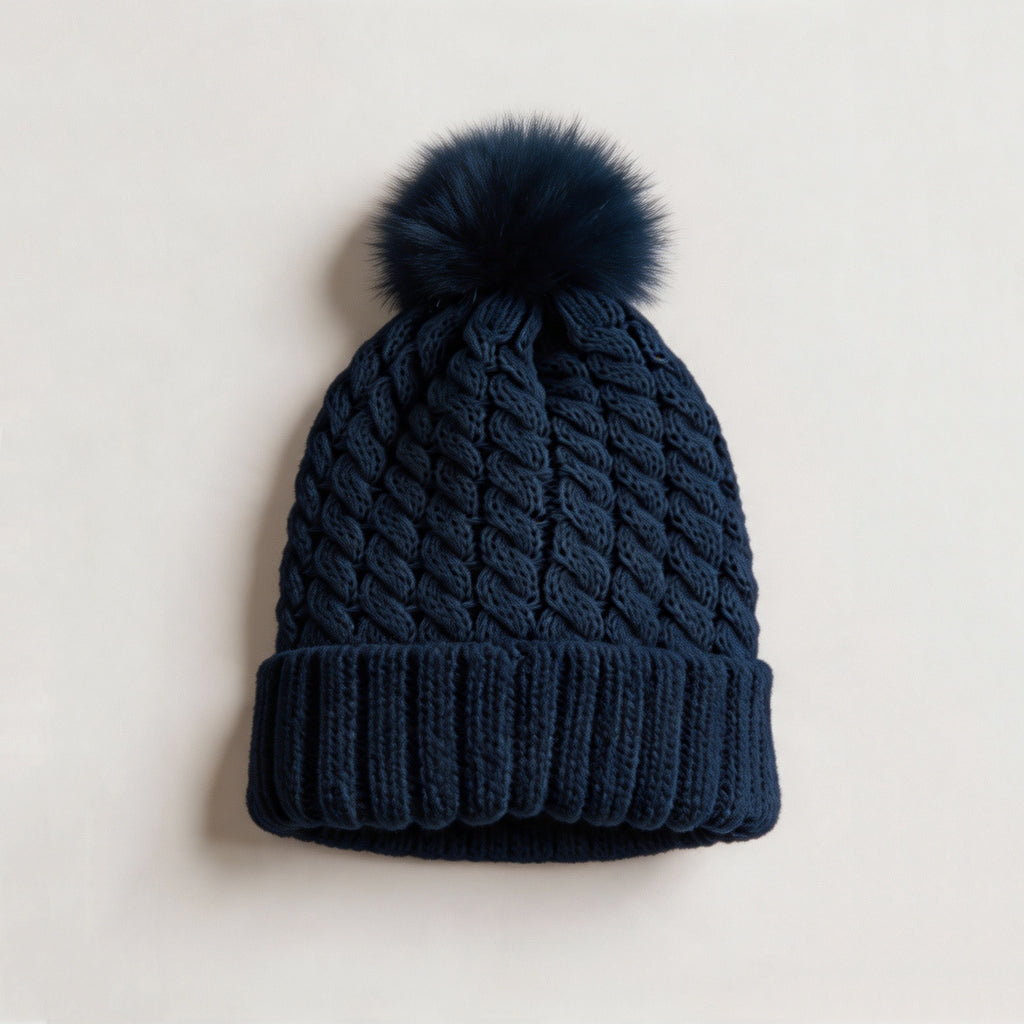 Chunky Twist Knit Pom Pom Beanie With Satin Lining - Navy