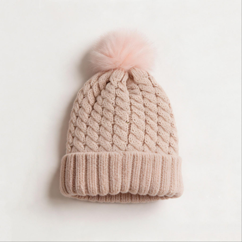 Chunky Twist Knit Pom Pom Beanie With Satin Lining - Pink