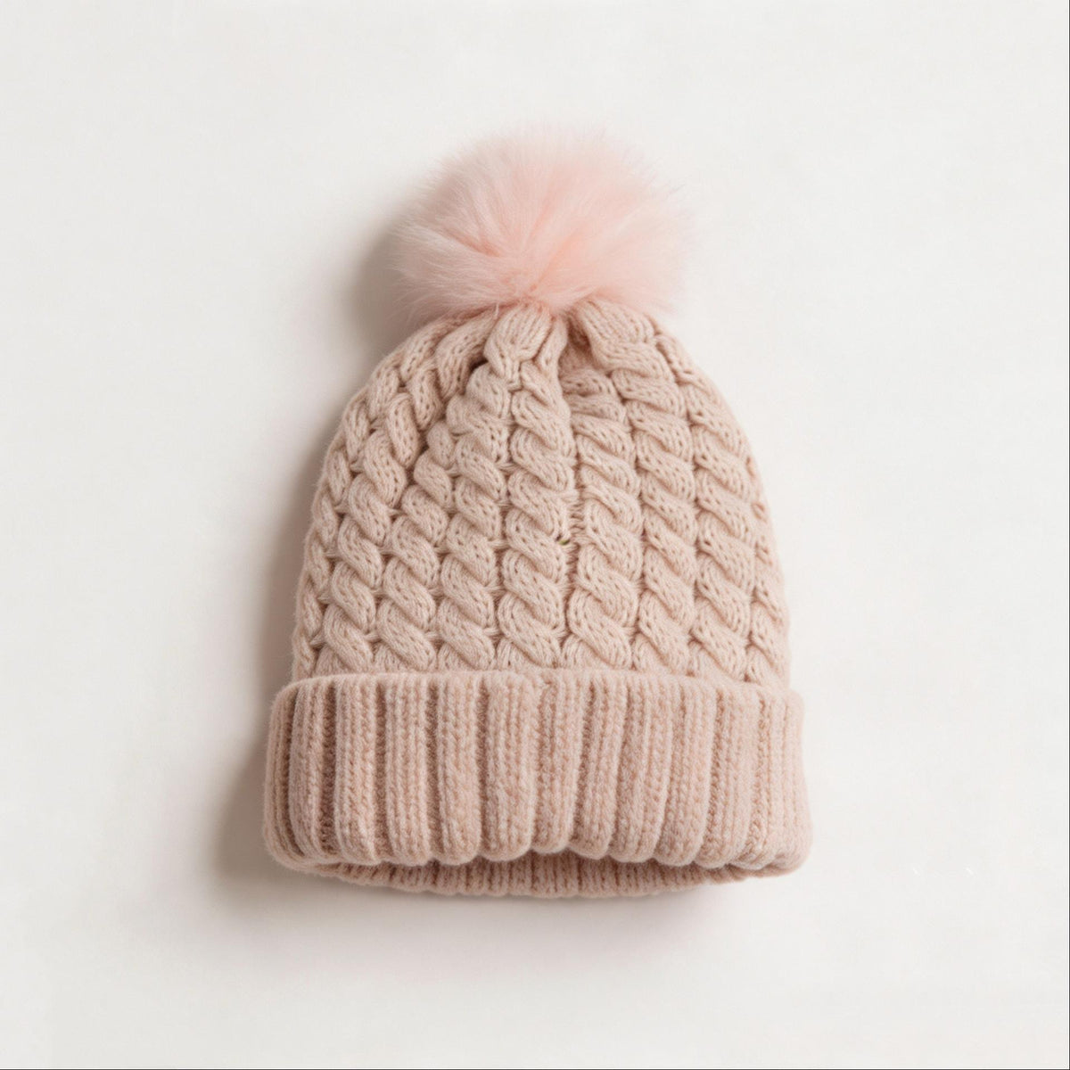 Chunky Twist Knit Pom Pom Beanie With Satin Lining - Pink