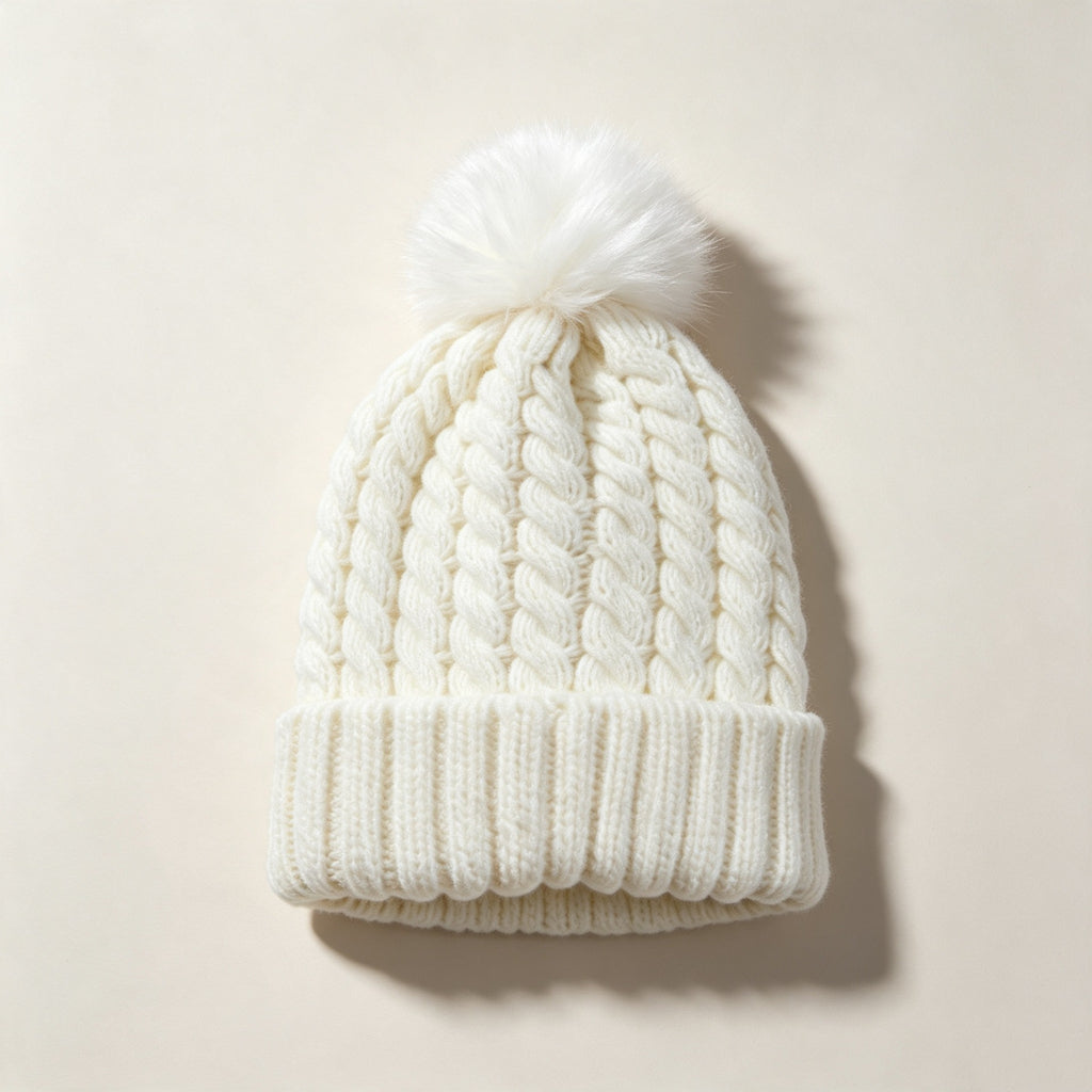 Chunky Twist Knit Pom Pom Beanie With Satin Lining - White