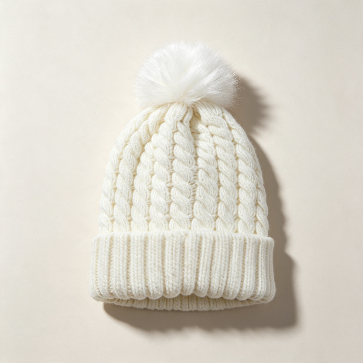 Chunky Twist Knit Pom Pom Beanie With Satin Lining - White
