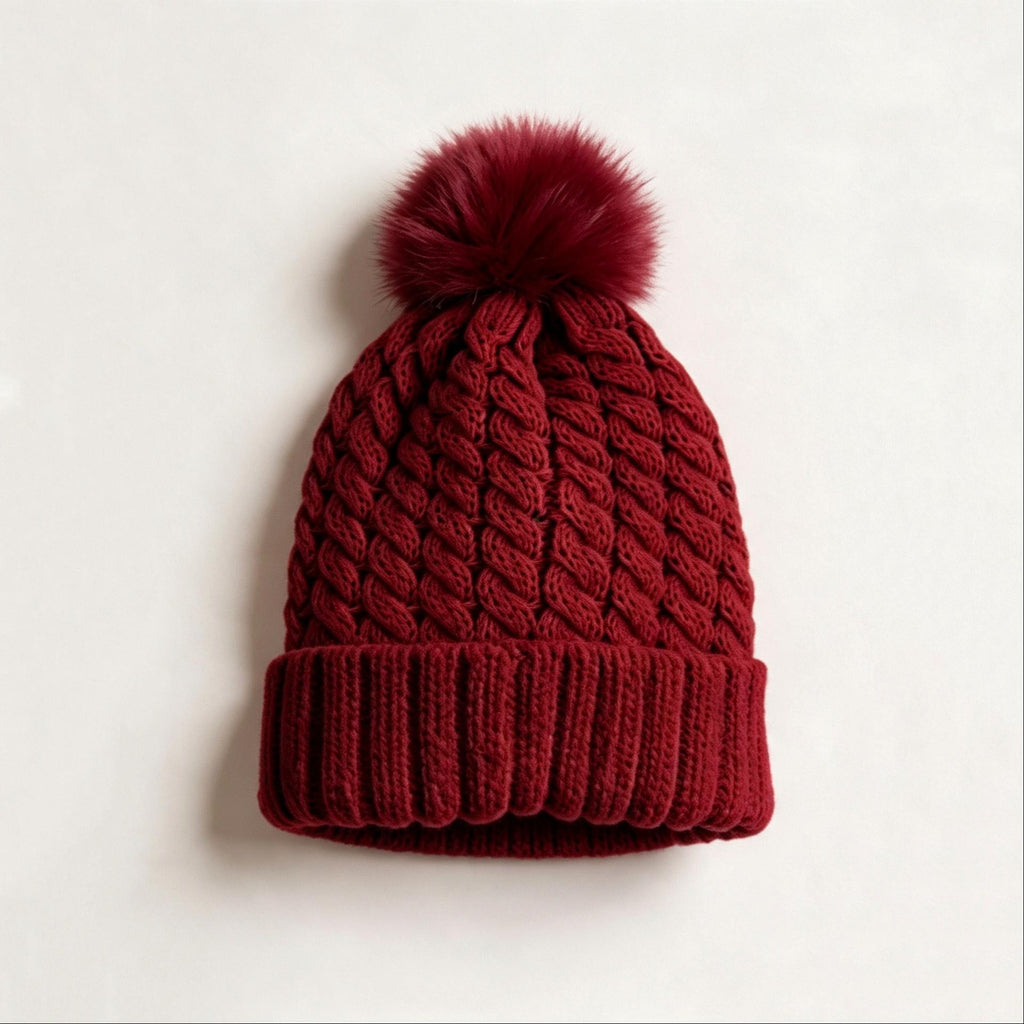 Chunky Twist Knit Pom Pom Beanie With Satin Lining - Wine_Red