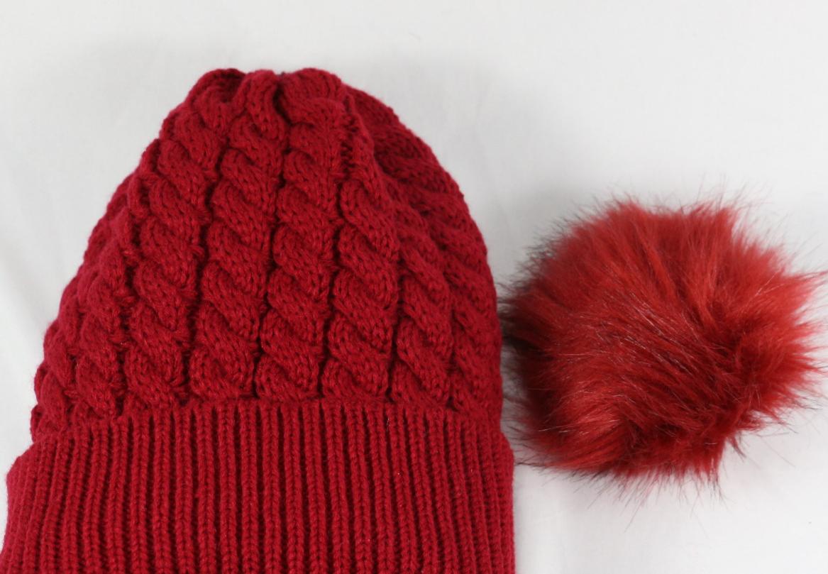 Chunky Twist Knit Pom Pom Beanie With Satin Lining - Wine_Red - 1