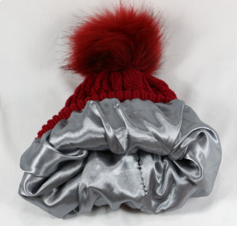 Chunky Twist Knit Pom Pom Beanie With Satin Lining - Wine_Red - 3