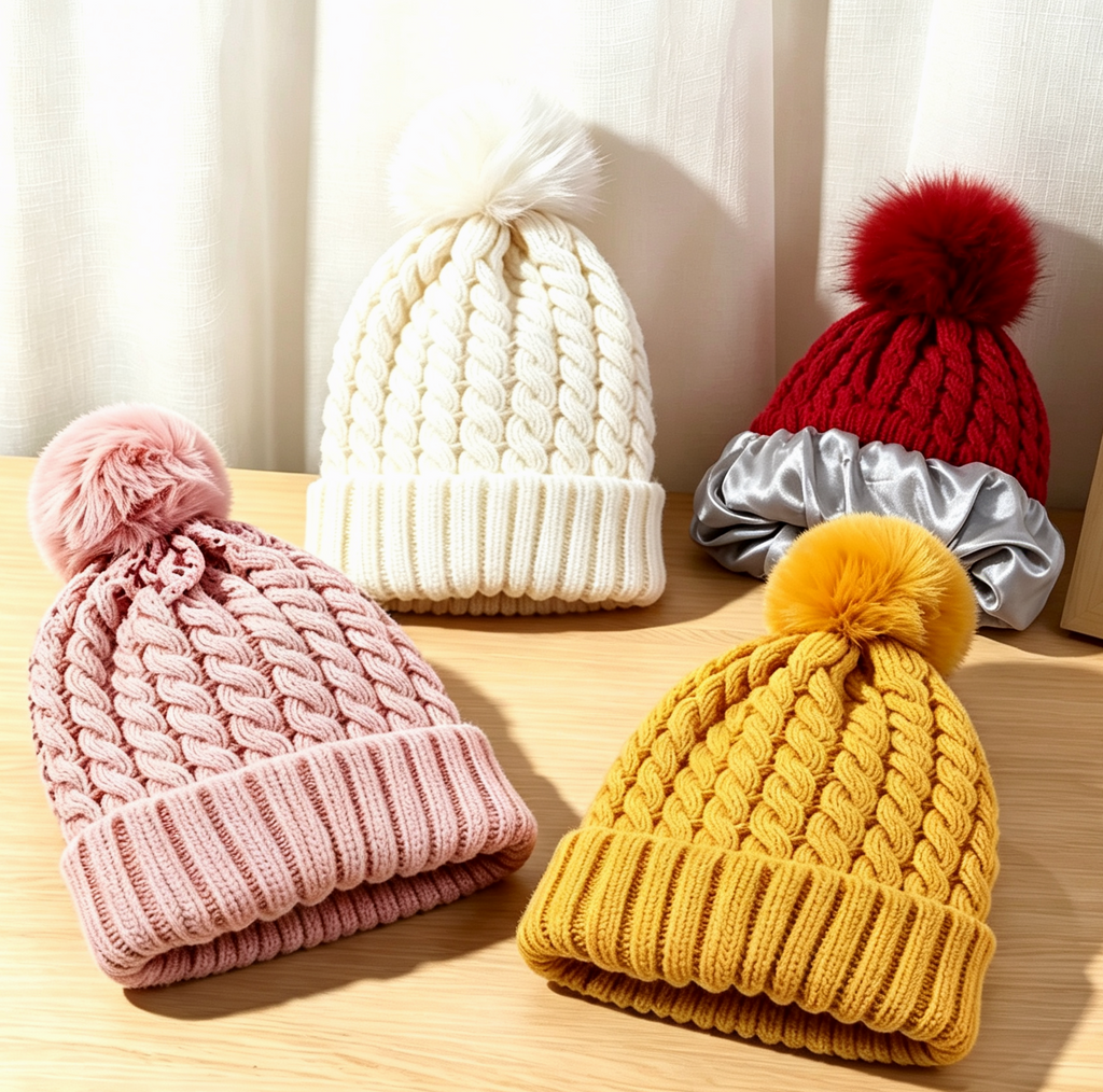 Chunky Twist Knit Pom Pom Beanie With Satin Lining - Wine_Red - 4