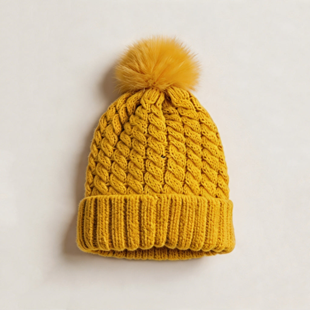 Chunky Twist Knit Pom Pom Beanie With Satin Lining - Yellow