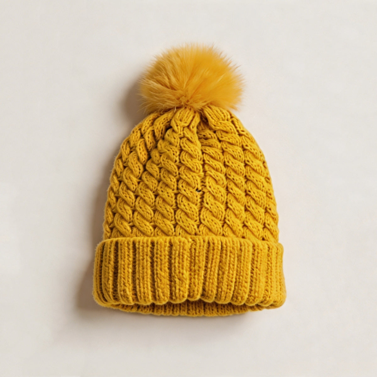 Chunky Twist Knit Pom Pom Beanie With Satin Lining - Yellow