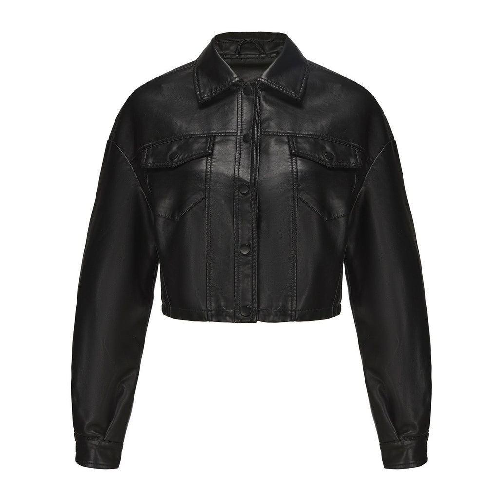 Faux Leather Flap Pocket Cropped Trucker Jacket - Black
