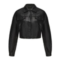Faux Leather Flap Pocket Cropped Trucker Jacket - Black