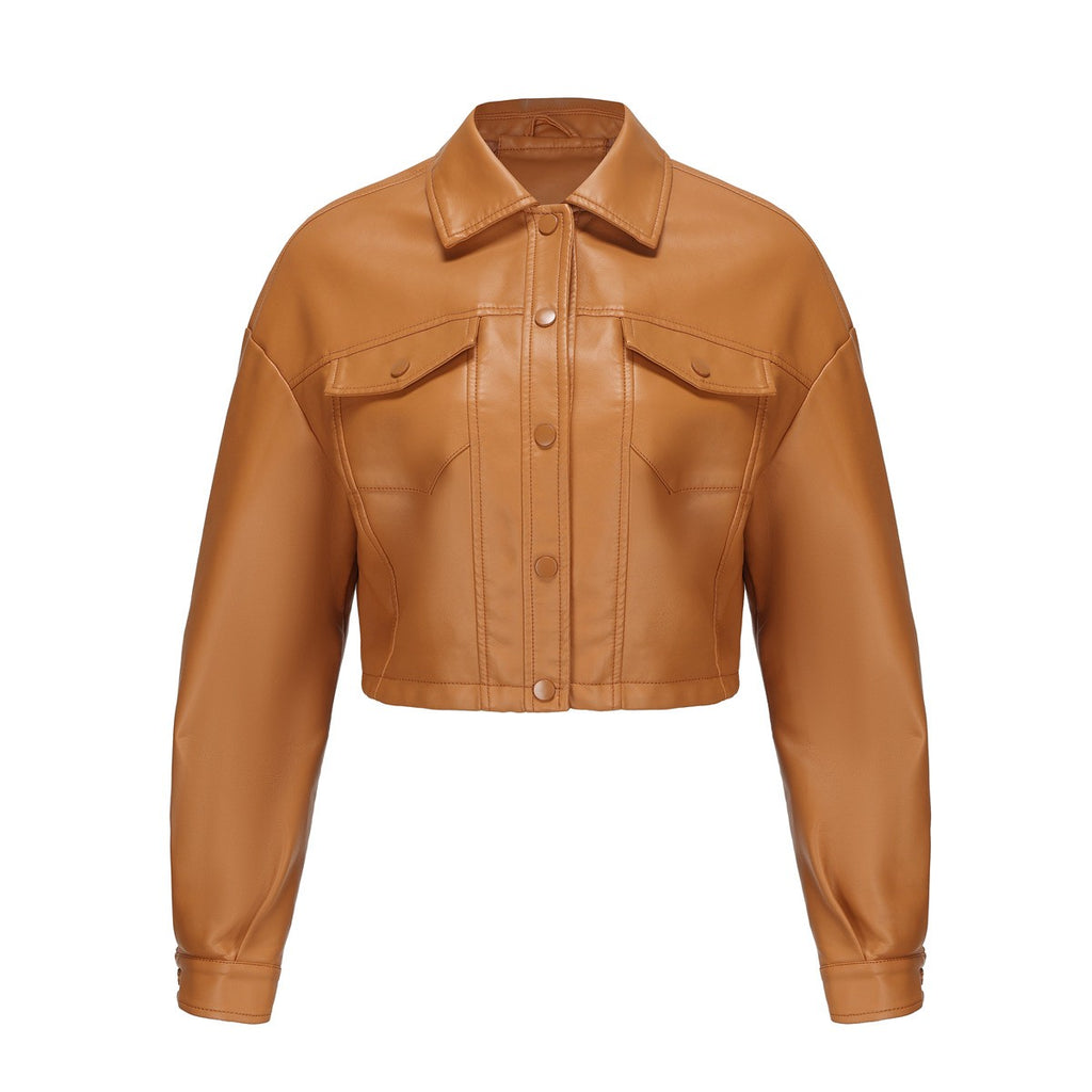 Faux Leather Flap Pocket Cropped Trucker Jacket - Camel
