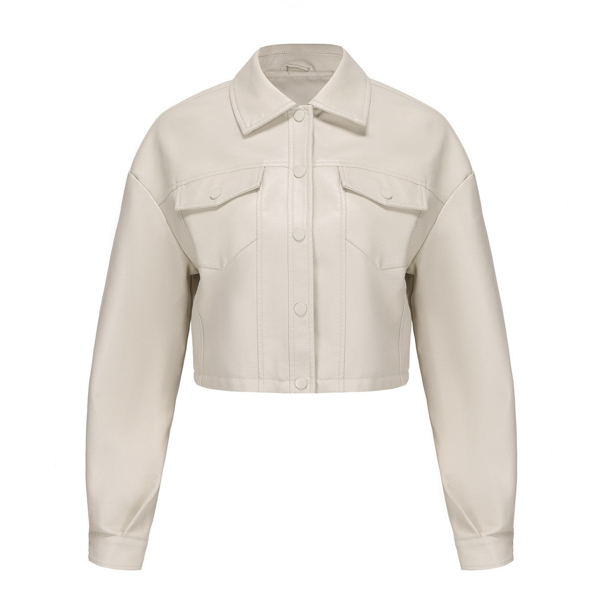 Faux Leather Flap Pocket Cropped Trucker Jacket - Cream