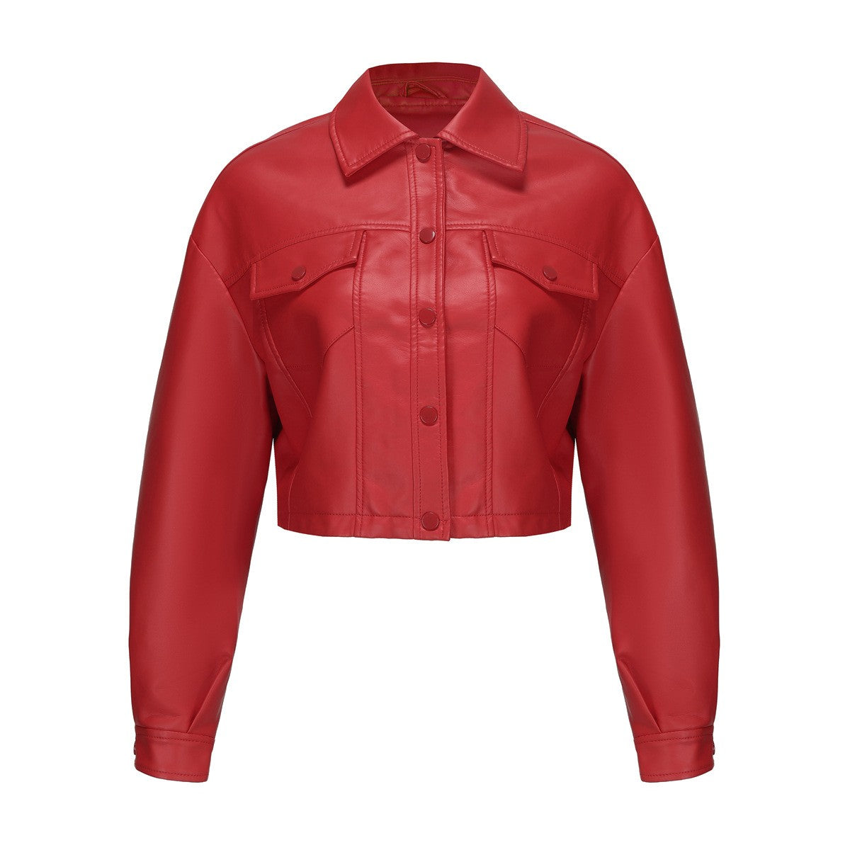 Faux Leather Flap Pocket Cropped Trucker Jacket - Red