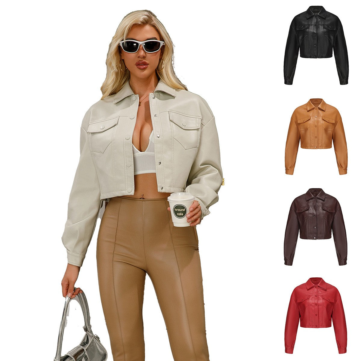 Faux Leather Flap Pocket Cropped Trucker Jacket