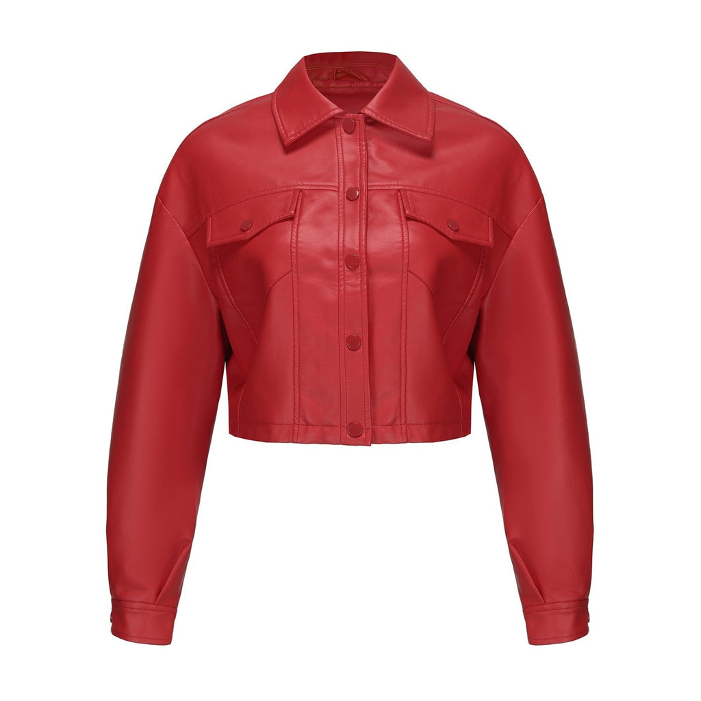 Faux Leather Flap Pocket Cropped Trucker Jacket