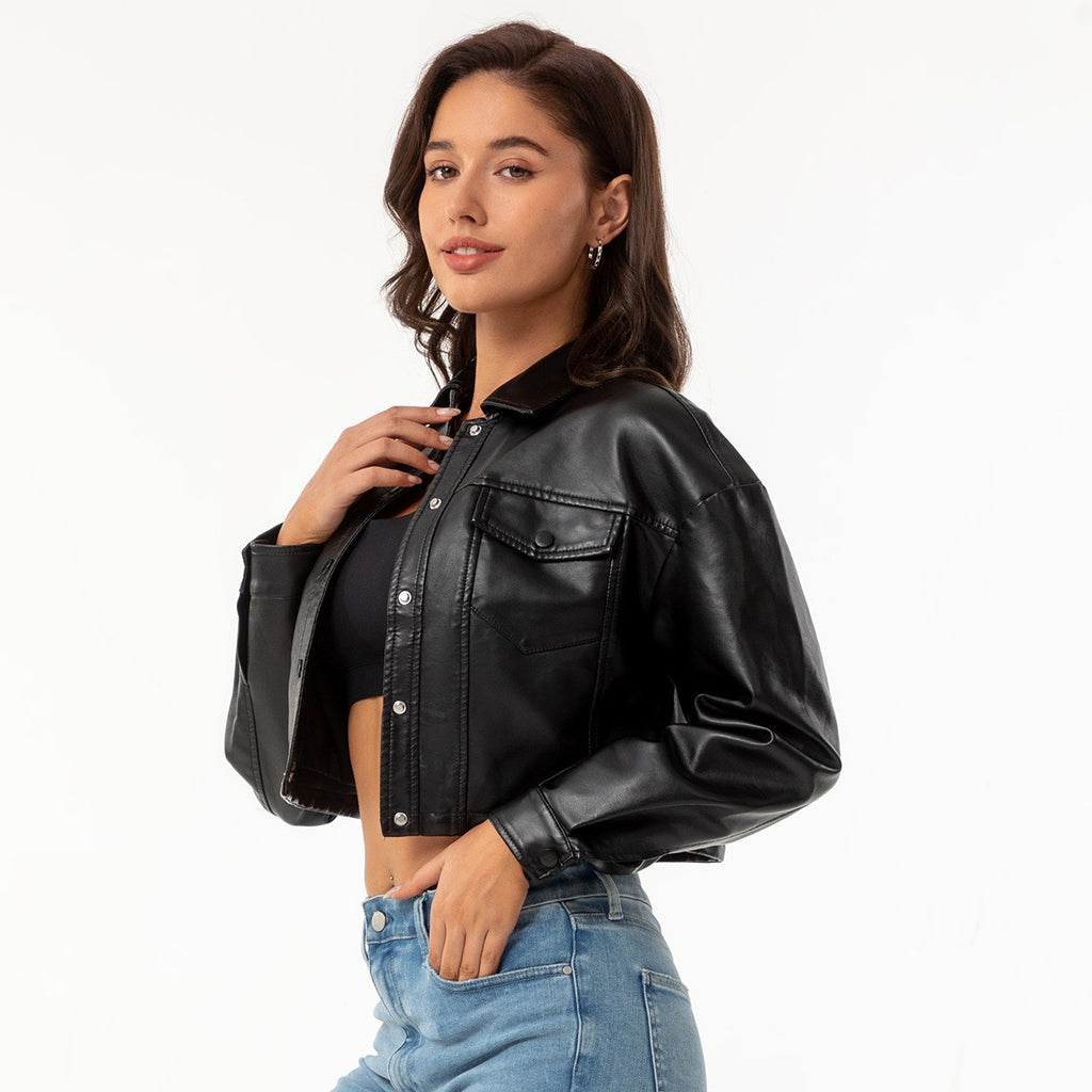 Faux Leather Flap Pocket Cropped Trucker Jacket
