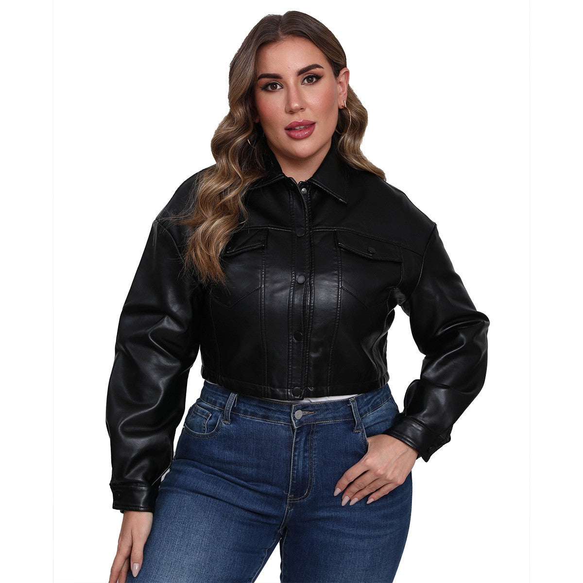 Faux Leather Flap Pocket Cropped Trucker Jacket