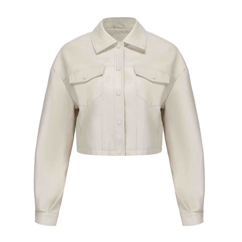 Faux Leather Flap Pocket Cropped Trucker Jacket