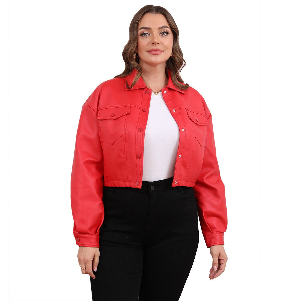 Faux Leather Flap Pocket Cropped Trucker Jacket