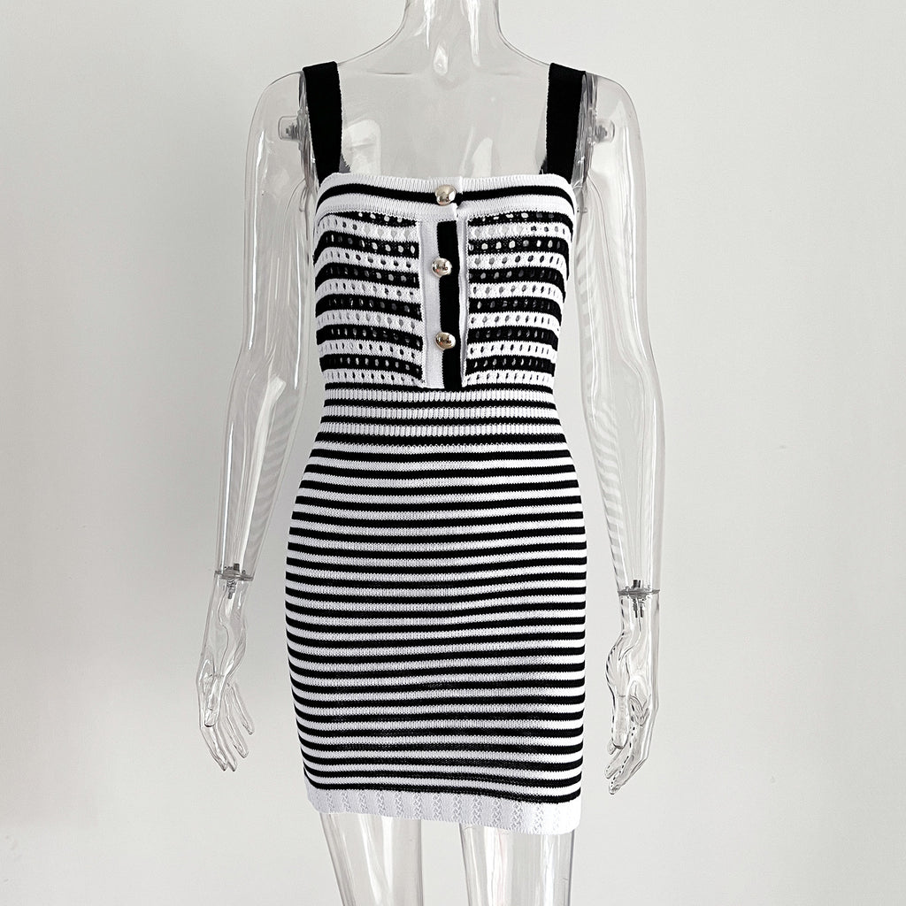 Striped Knit Square Neck Bodycon Mini Dress - Black - 10