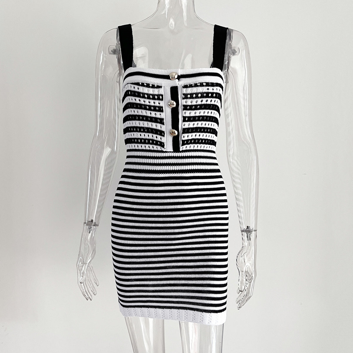 Striped Knit Square Neck Bodycon Mini Dress - Black - 10