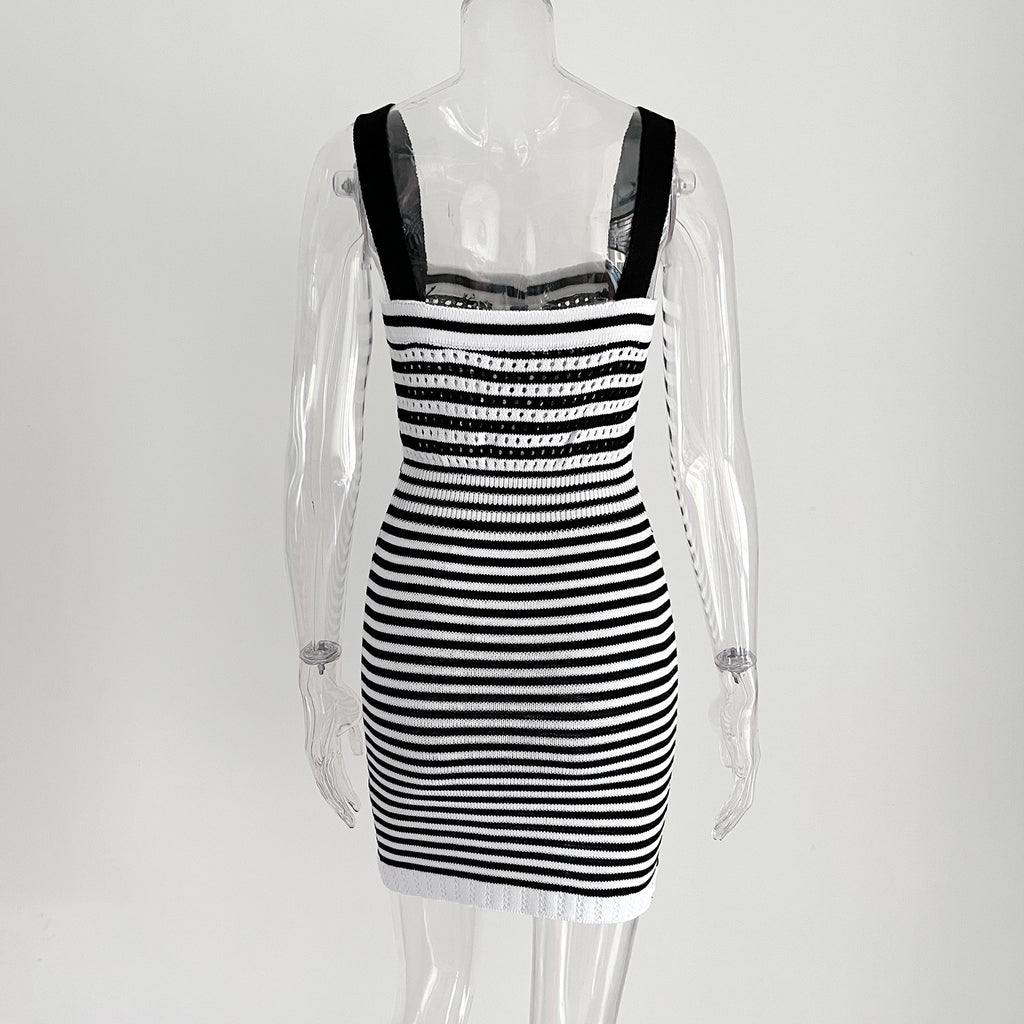 Striped Knit Square Neck Bodycon Mini Dress - Black - 5