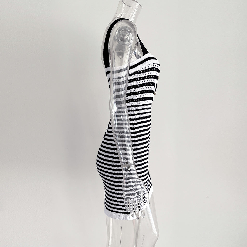 Striped Knit Square Neck Bodycon Mini Dress - Black - 9