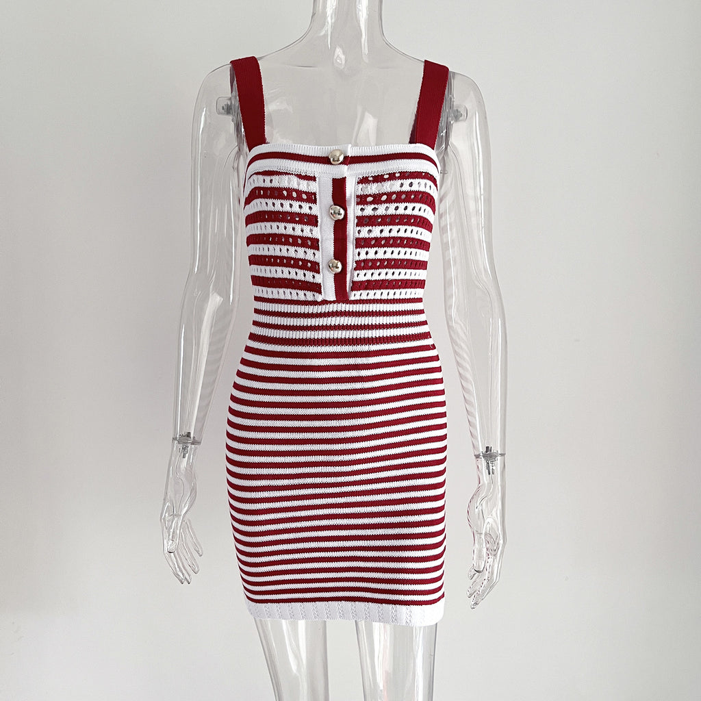 Striped Knit Square Neck Bodycon Mini Dress - Red - 3