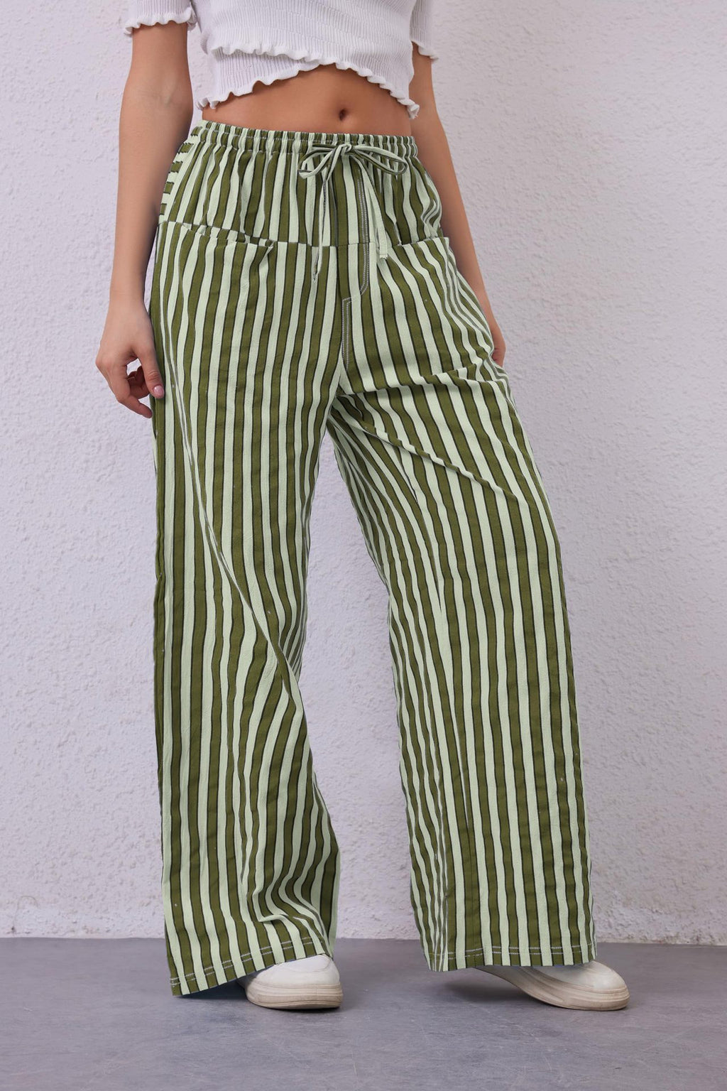 Candy Stripe High Waist Palazzo Pants - ArmyGreen
