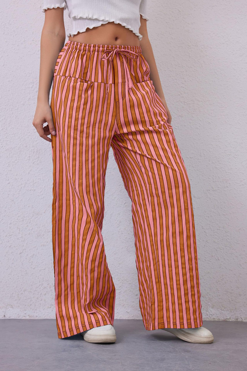 Candy Stripe High Waist Palazzo Pants - LightRed