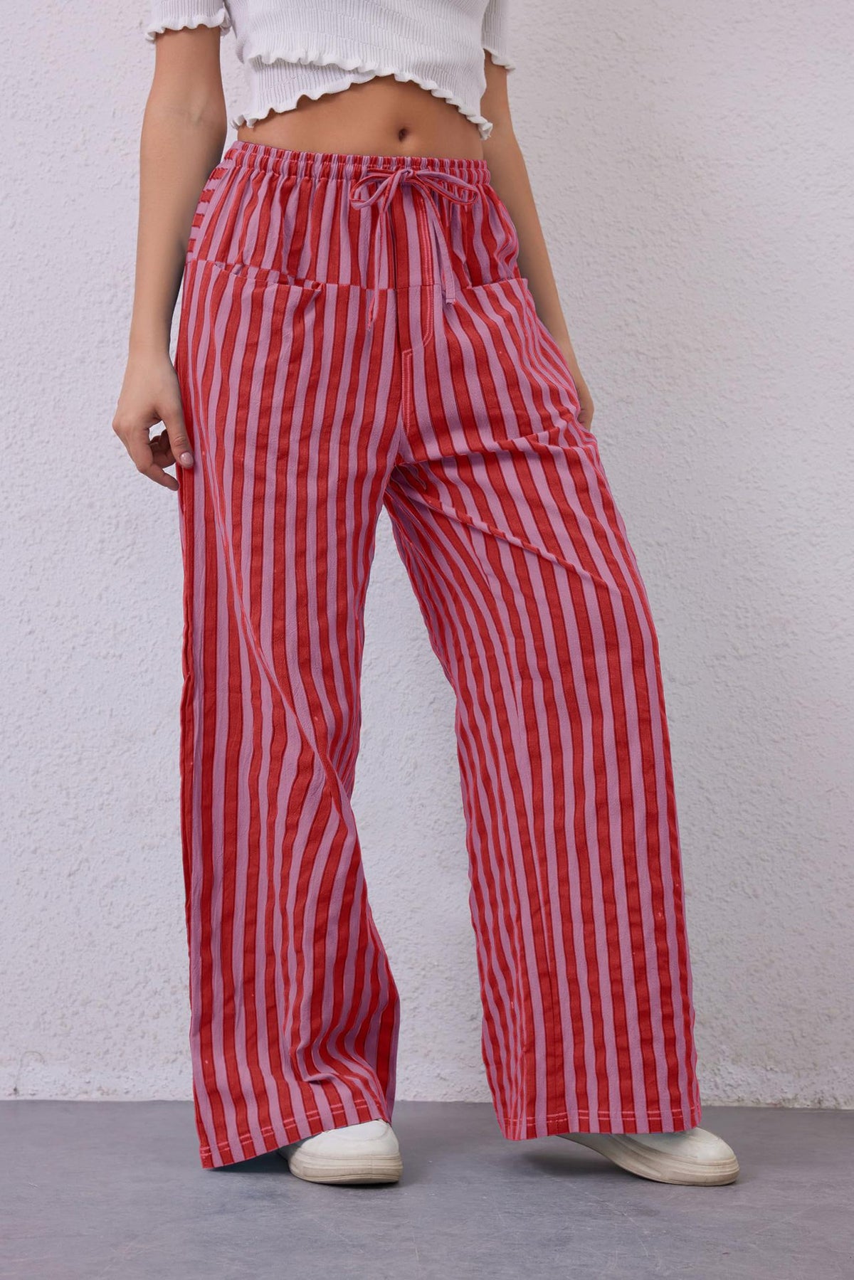 Candy Stripe High Waist Palazzo Pants - Red